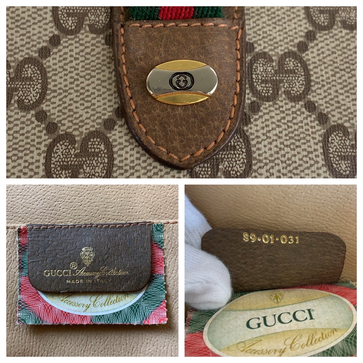 GUCCI Clutch bag 89 01 031 GG Supreme Canvas Beige Brown Gold Metal Sherry Line Old Gucci