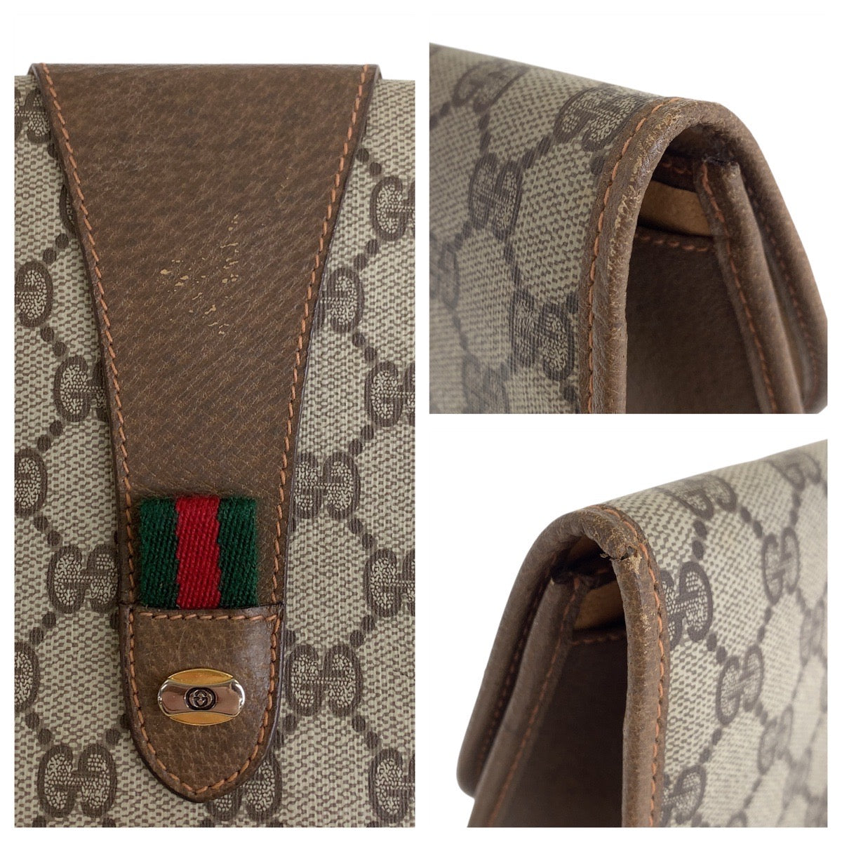 GUCCI Clutch bag 89 01 031 GG Supreme Canvas Beige Brown Gold Metal Sherry Line Old Gucci