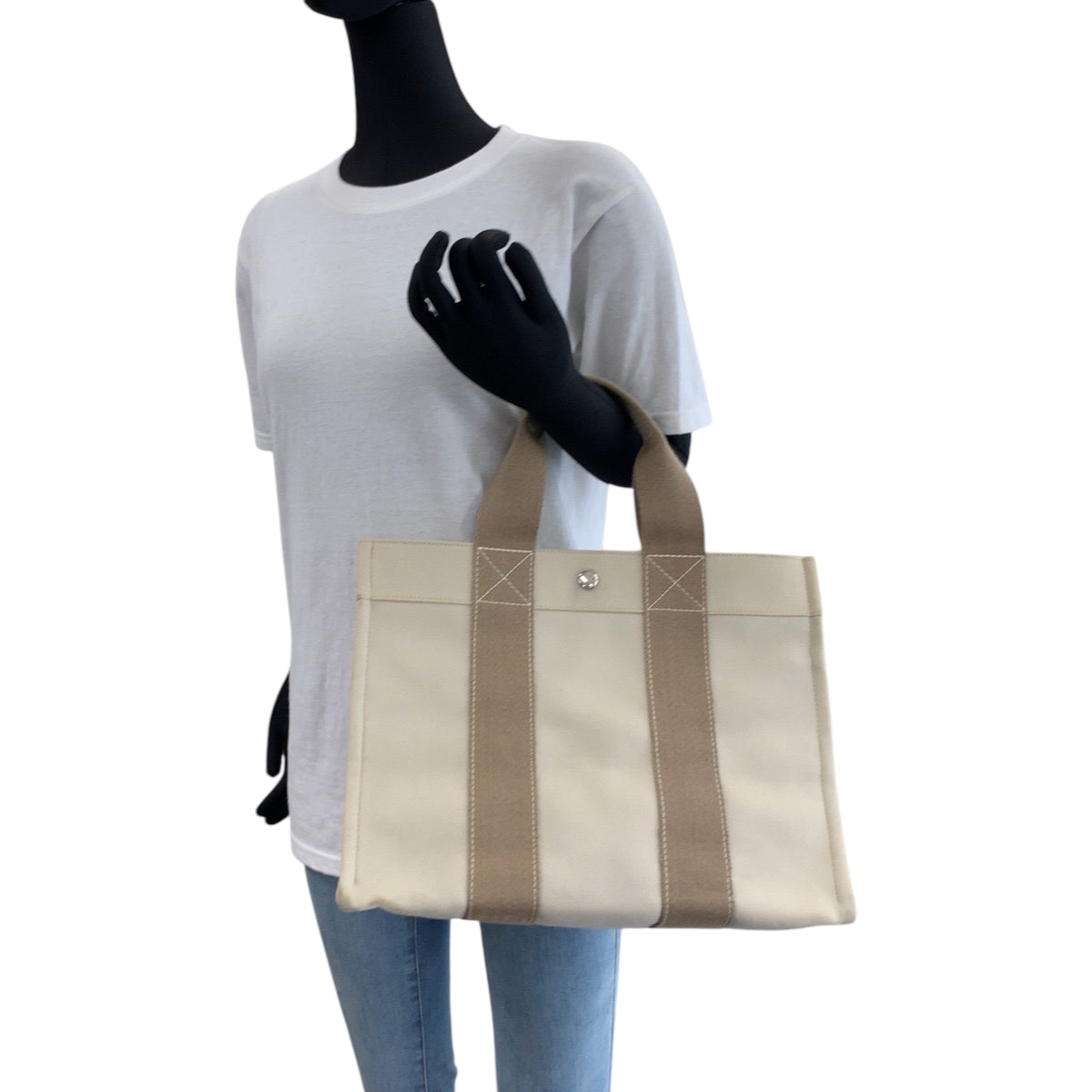 HERMES Tote Bag canvas Beige Ivory SilverMetal Bora Bora PM