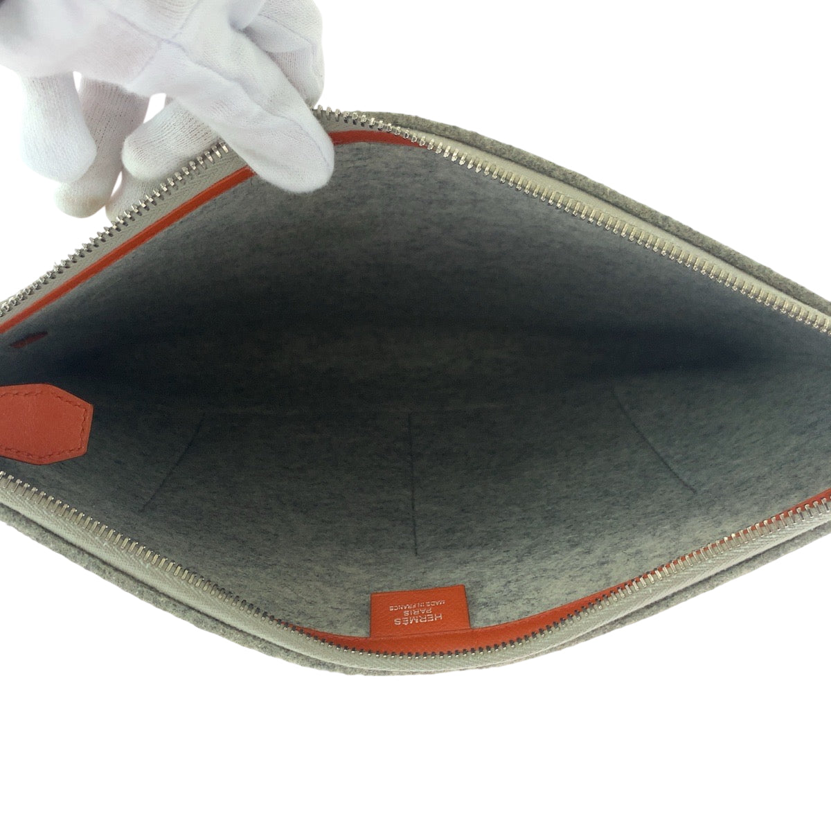 HERMES Clutch bag felt Grey Orange SilverMetal Too Doo 37