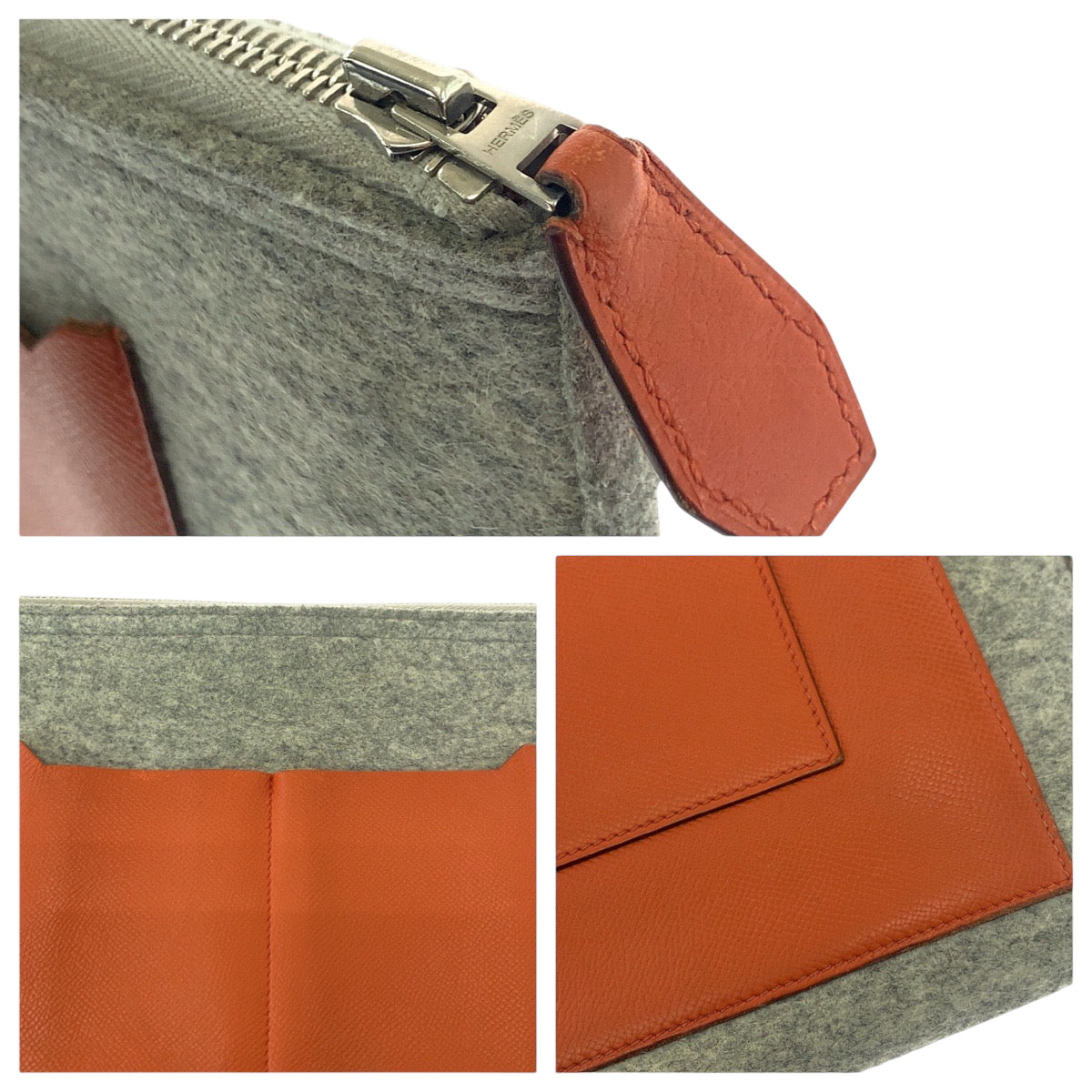 HERMES Clutch bag felt Grey Orange SilverMetal Too Doo 37