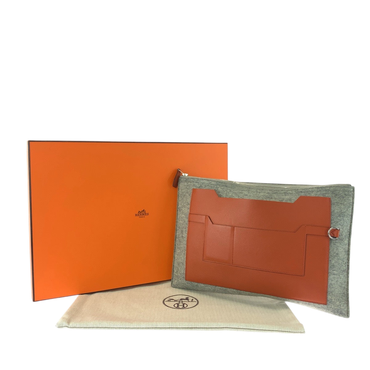 HERMES Clutch bag felt Grey Orange SilverMetal Too Doo 37