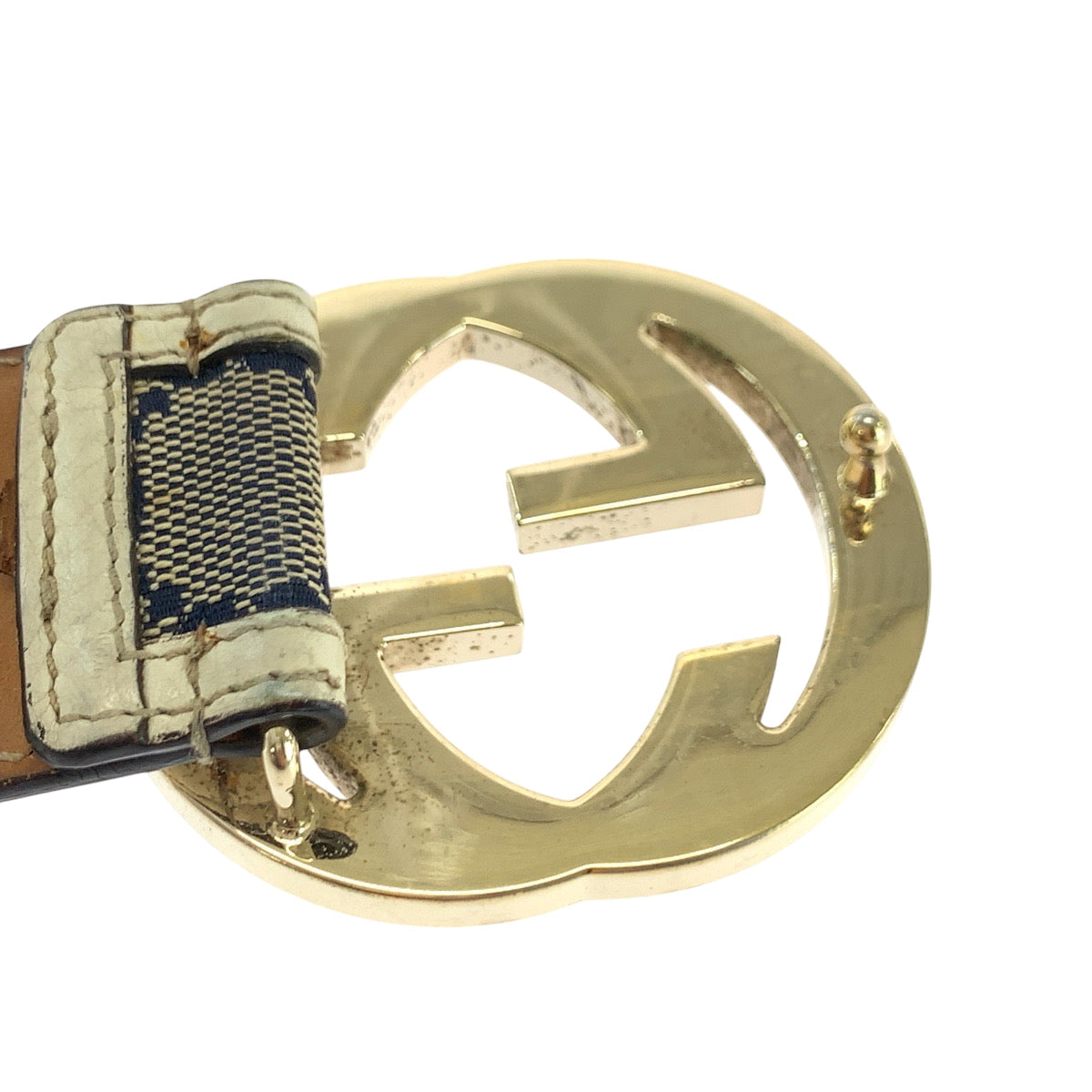 GUCCI belt 114876 GG canvas Beige Navy Ivory Gold Metal Interlocking
