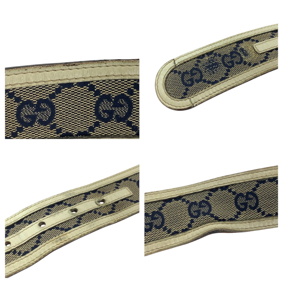 GUCCI belt 114876 GG canvas Beige Navy Ivory Gold Metal Interlocking