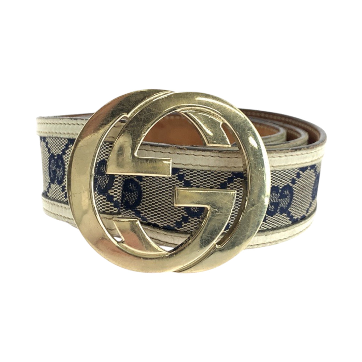 GUCCI belt 114876 GG canvas Beige Navy Ivory Gold Metal Interlocking