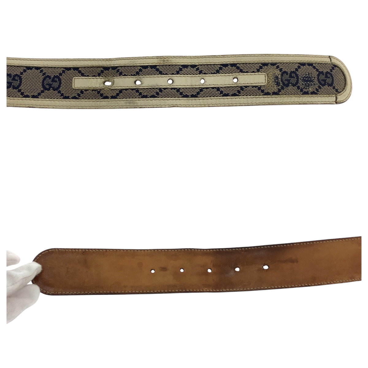 GUCCI belt 114876 GG canvas Beige Navy Ivory Gold Metal Interlocking