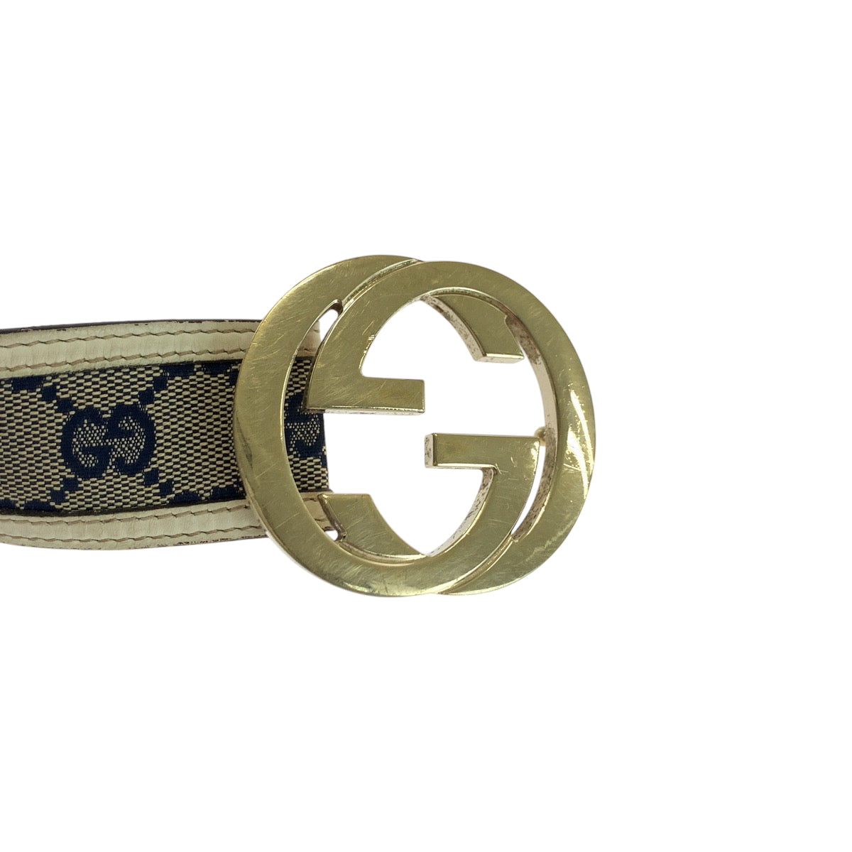 GUCCI belt 114876 GG canvas Beige Navy Ivory Gold Metal Interlocking