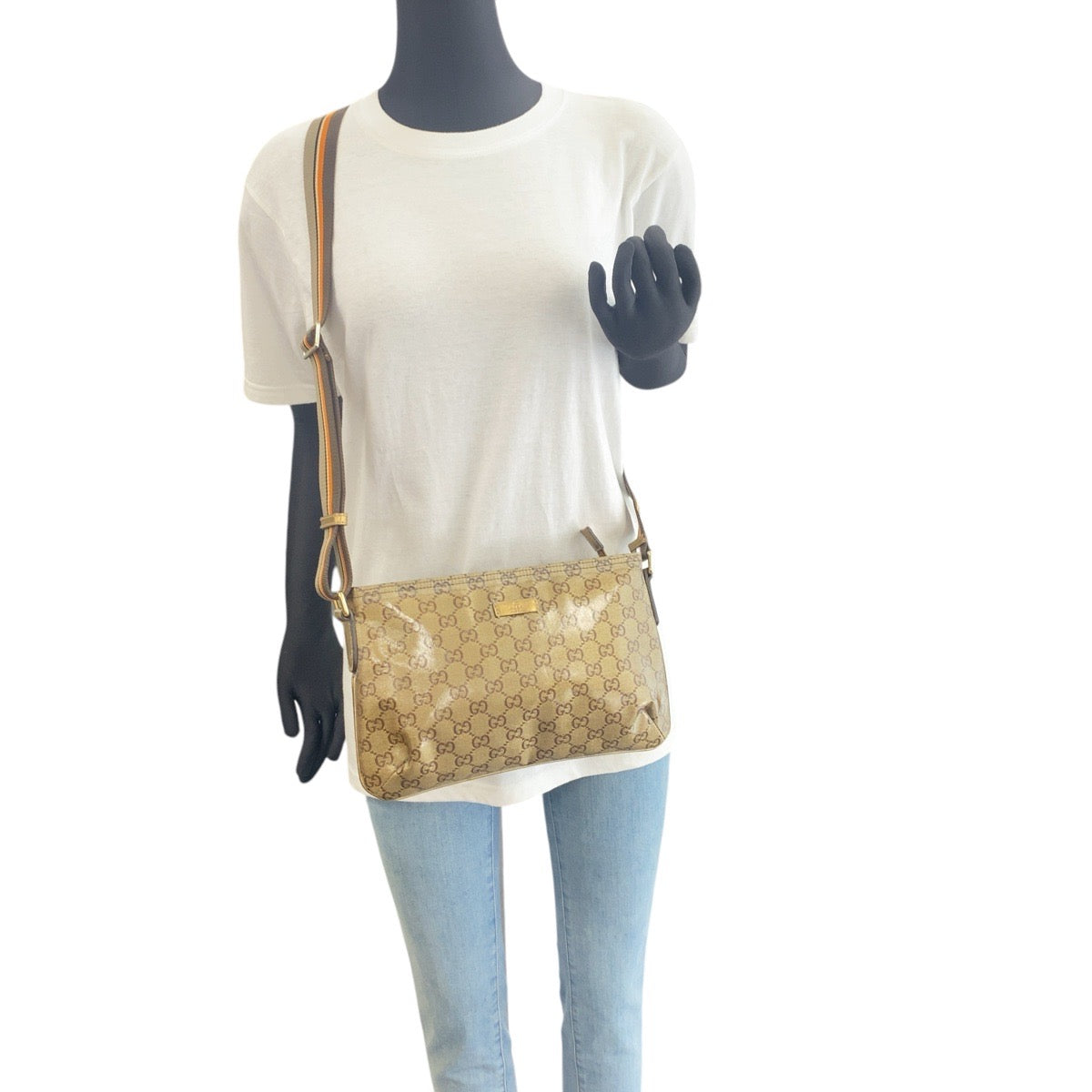 GUCCI Shoulder Bag 189749 Coated canvas beige GG crystal