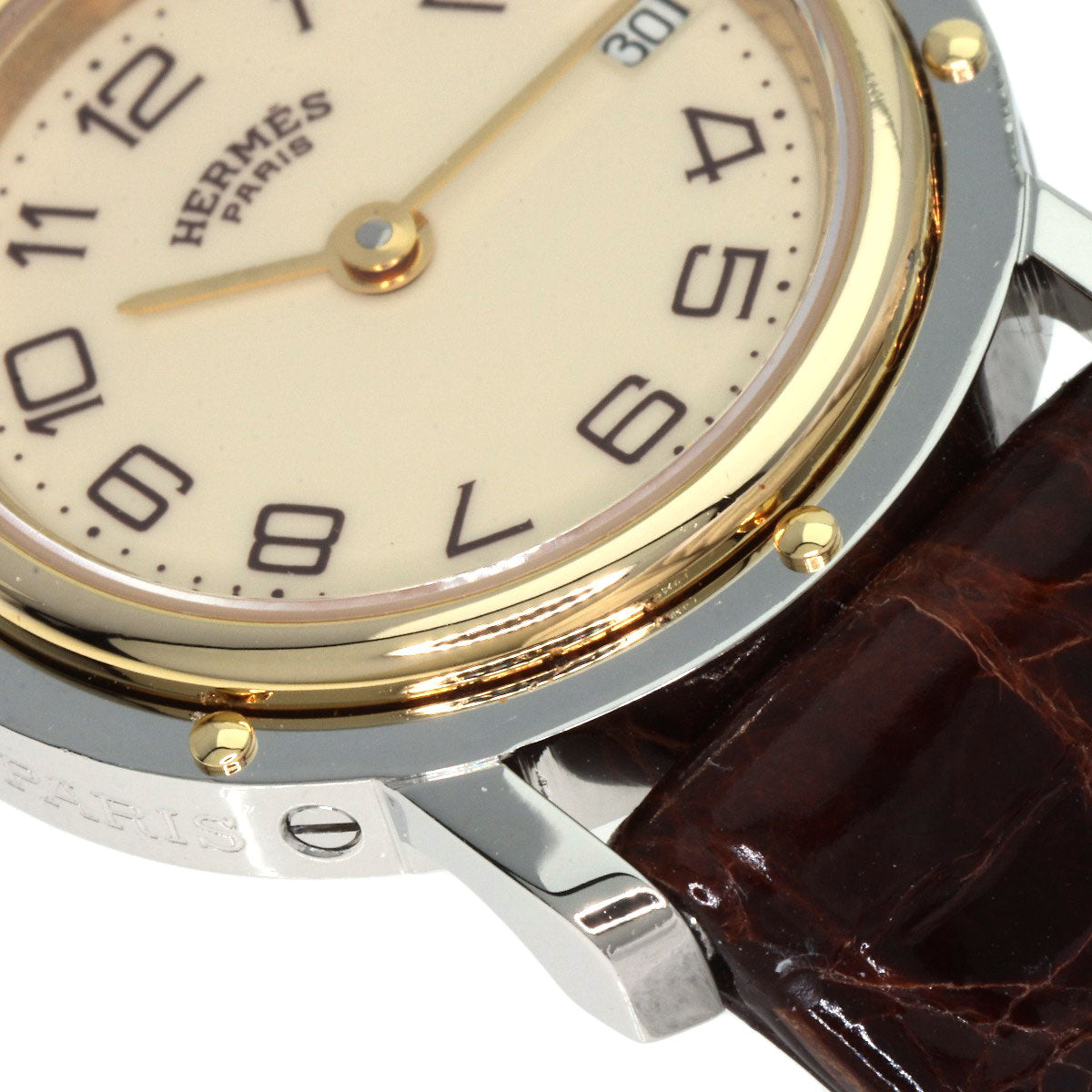 HERMES Watches Quartz Stainless Steel, Leather gold Clipper Ivory dial Women Used