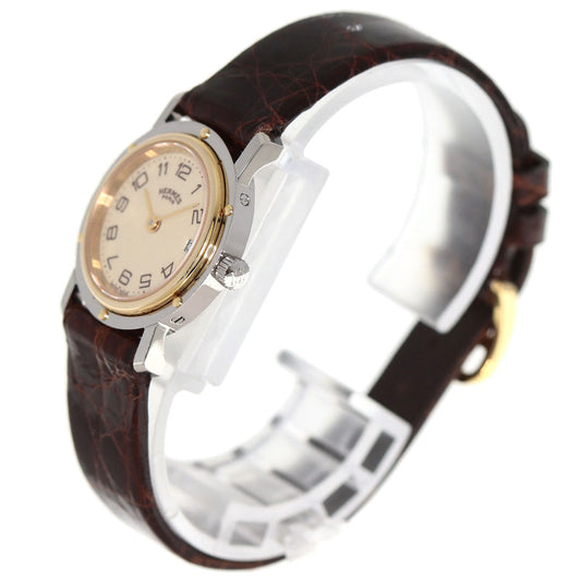 HERMES Watches Quartz Stainless Steel, Leather gold Clipper Ivory dial Women Used