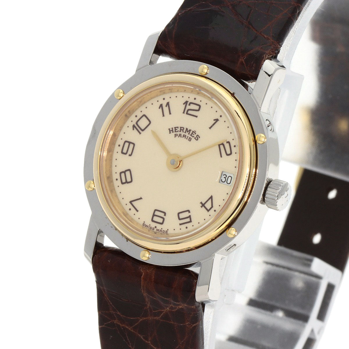 HERMES Watches Quartz Stainless Steel, Leather gold Clipper Ivory dial Women Used
