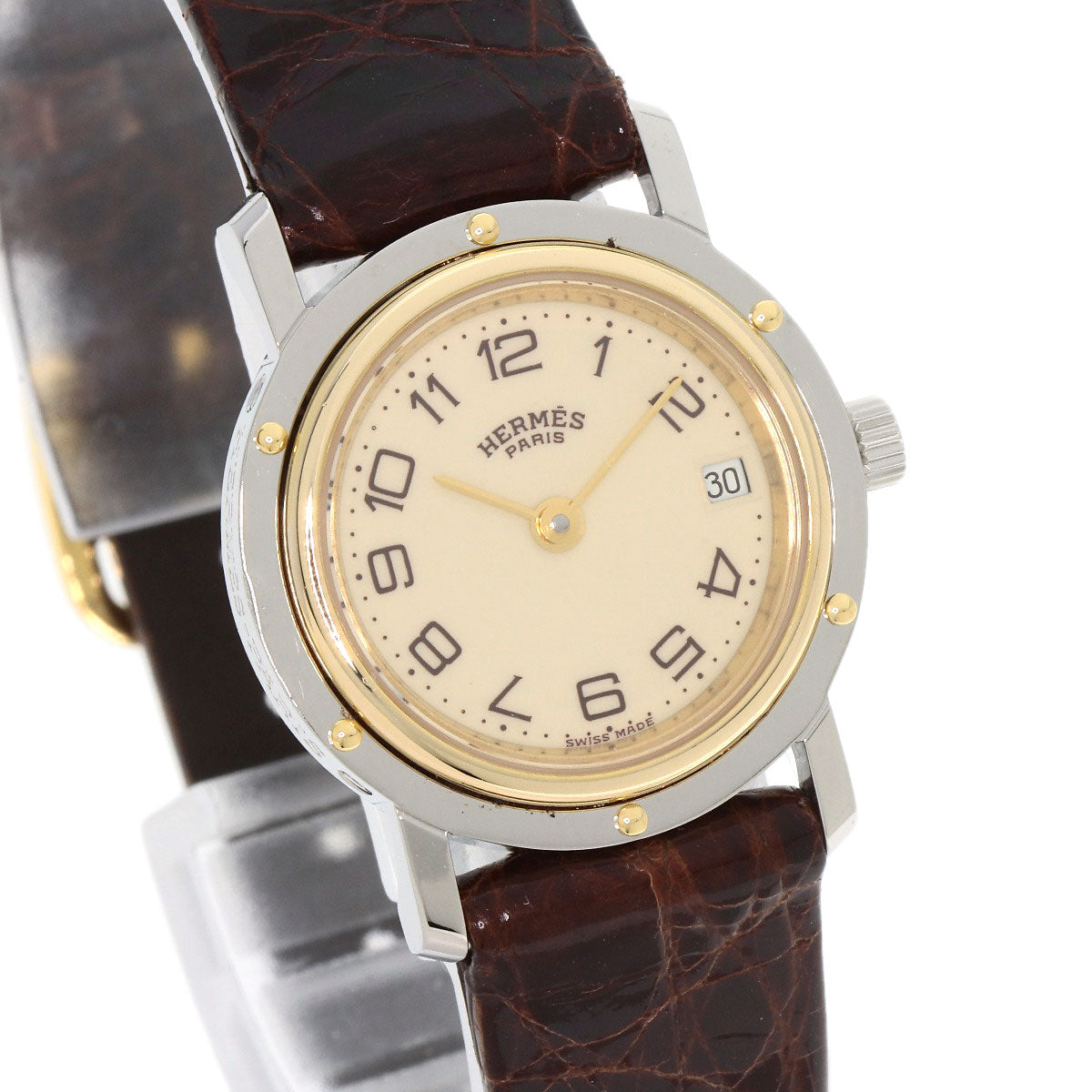 HERMES Watches Quartz Stainless Steel, Leather gold Clipper Ivory dial Women Used