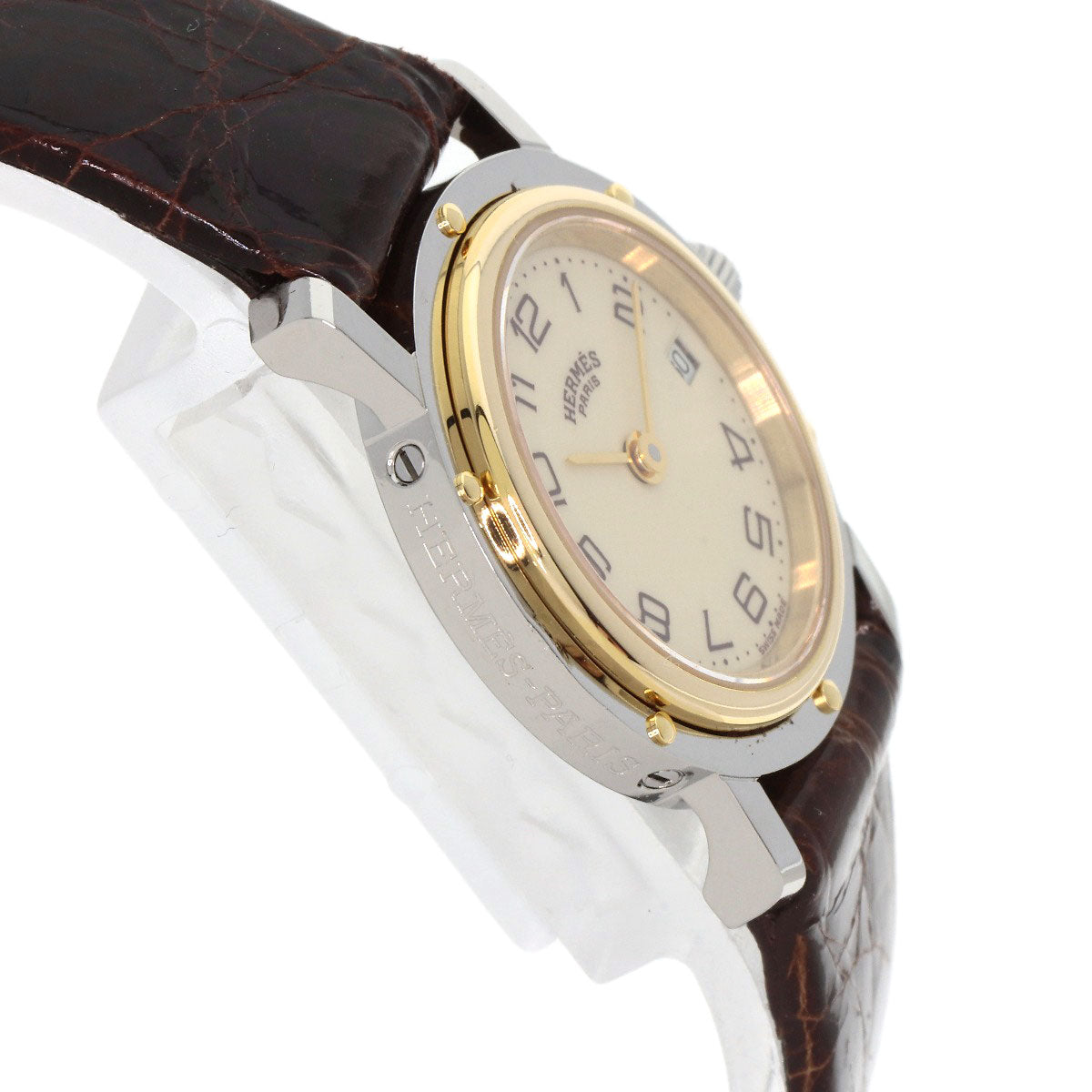 HERMES Watches Quartz Stainless Steel, Leather gold Clipper Ivory dial Women Used