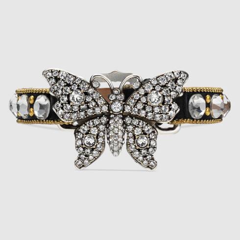 Gucci Crystal Butterfly Leather Cuff Bracelet in Black