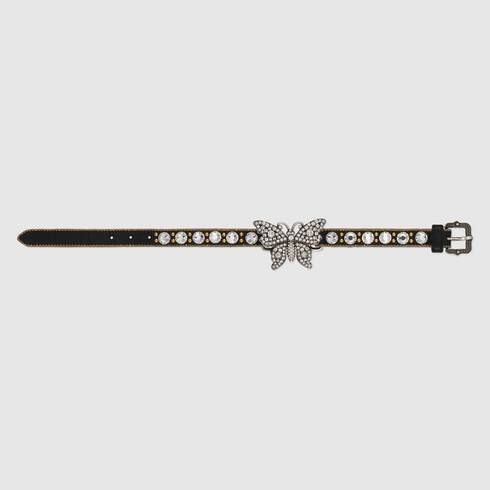 Gucci Crystal Butterfly Leather Cuff Bracelet in Black