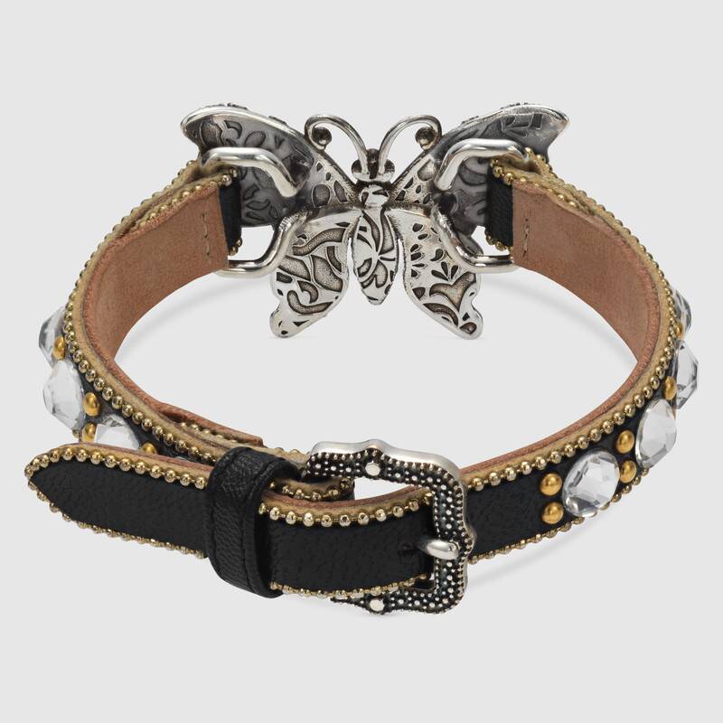 Gucci Crystal Butterfly Leather Cuff Bracelet in Black