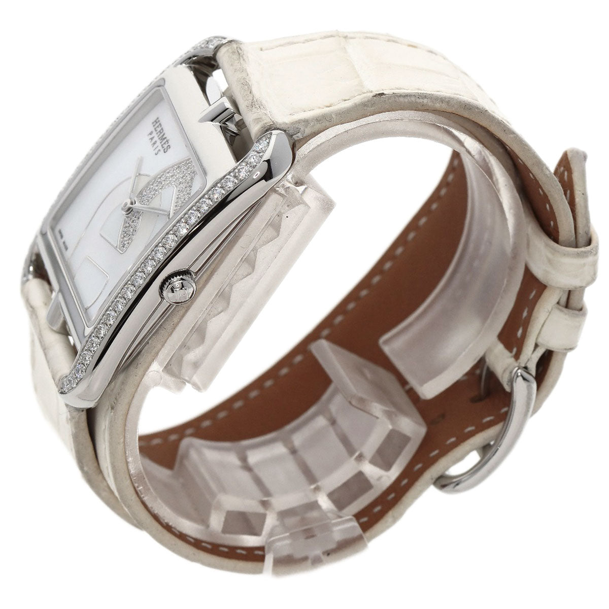 HERMES Watches Quartz CC3.730 Stainless Steel, Leather, Diamond Silver Cape Cod Chene Dunkle White shell dial Women Used