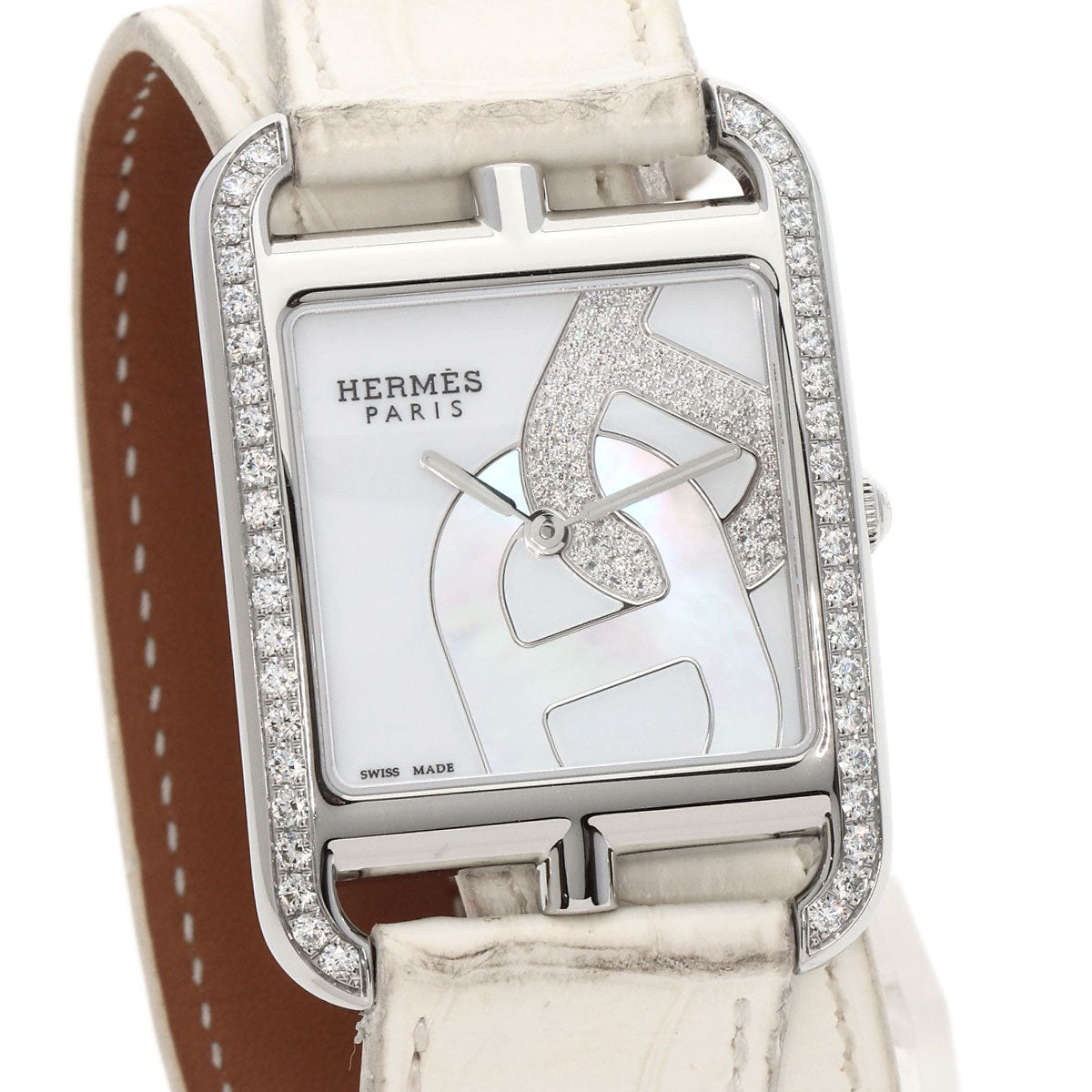 HERMES Watches Quartz CC3.730 Stainless Steel, Leather, Diamond Silver Cape Cod Chene Dunkle White shell dial Women Used