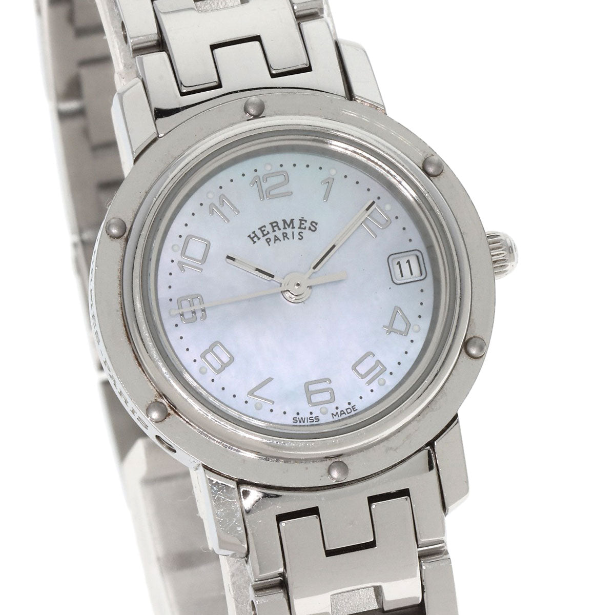 HERMES Watches Quartz CL4.210 Stainless Steel Silver Clipper Nacre Blue shell dial Women Used