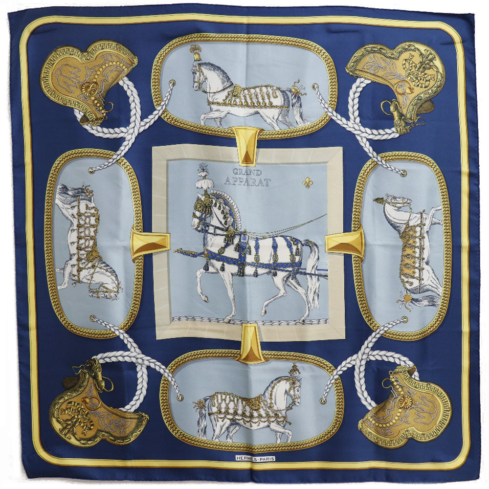 HERMES scarf silk Blue Dressed horse GRAND APPARAT Carre90 Women Used