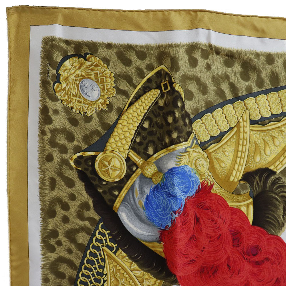 HERMES scarf silk yellow helmet and feather CASQUES et PLUMETS Carre90 Women Used