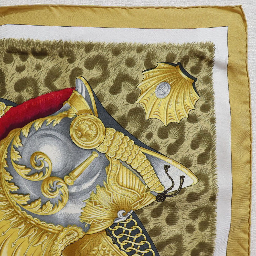 HERMES scarf silk yellow helmet and feather CASQUES et PLUMETS Carre90 Women Used