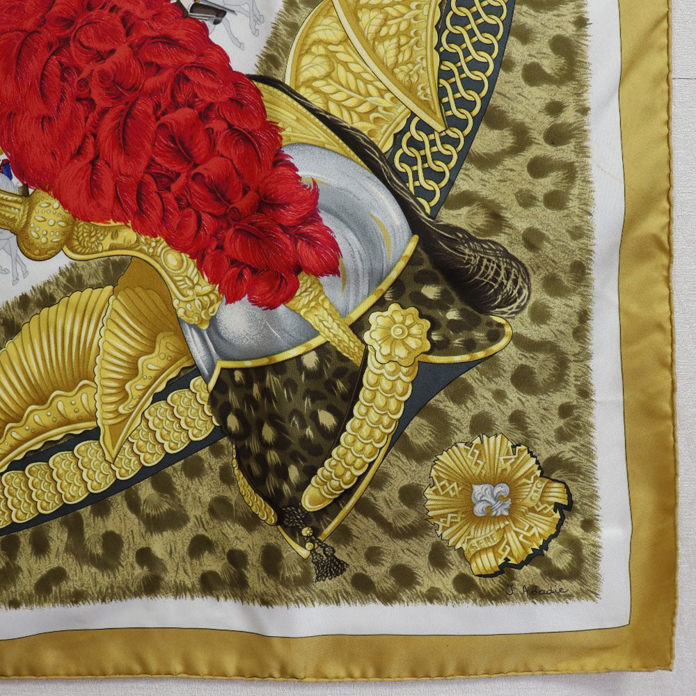 HERMES scarf silk yellow helmet and feather CASQUES et PLUMETS Carre90 Women Used