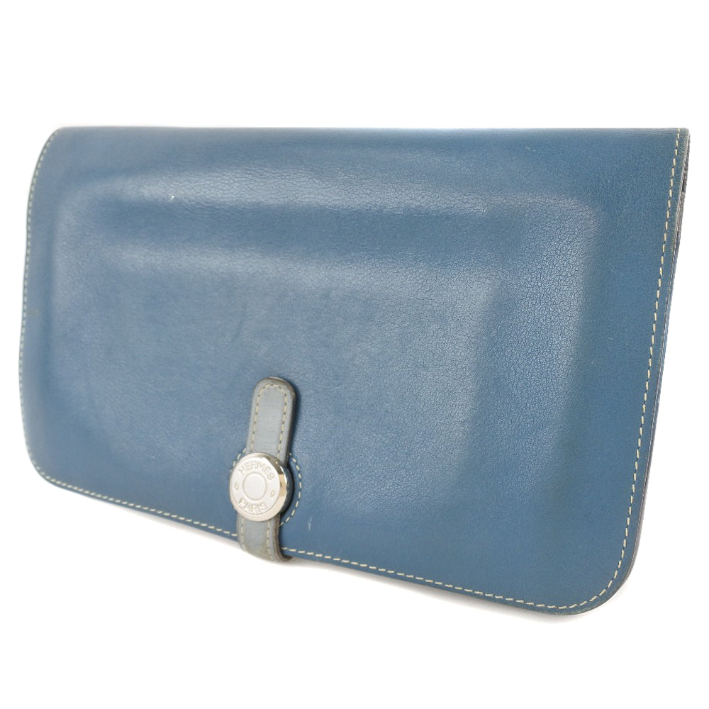 HERMES Long Wallet Purse Calfskin Blue Dogon unisex(Unisex) Used