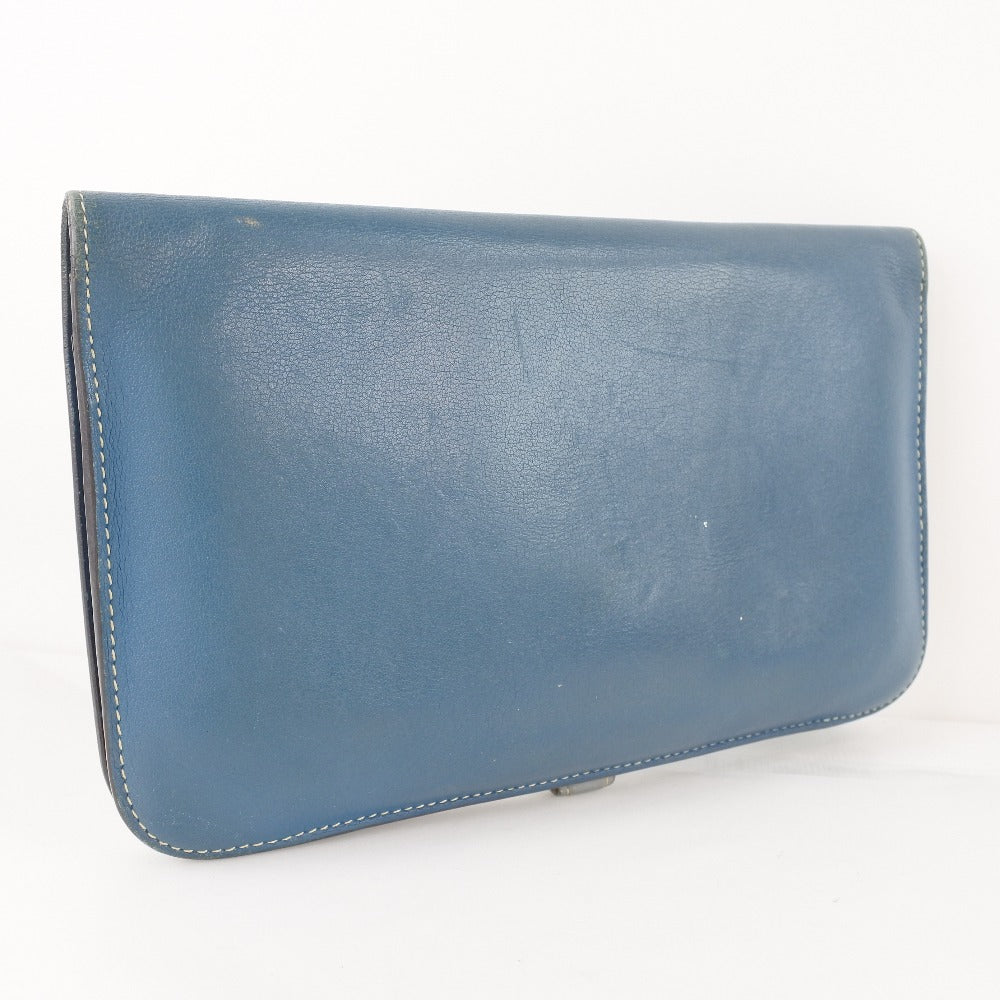 HERMES Long Wallet Purse Calfskin Blue Dogon unisex(Unisex) Used