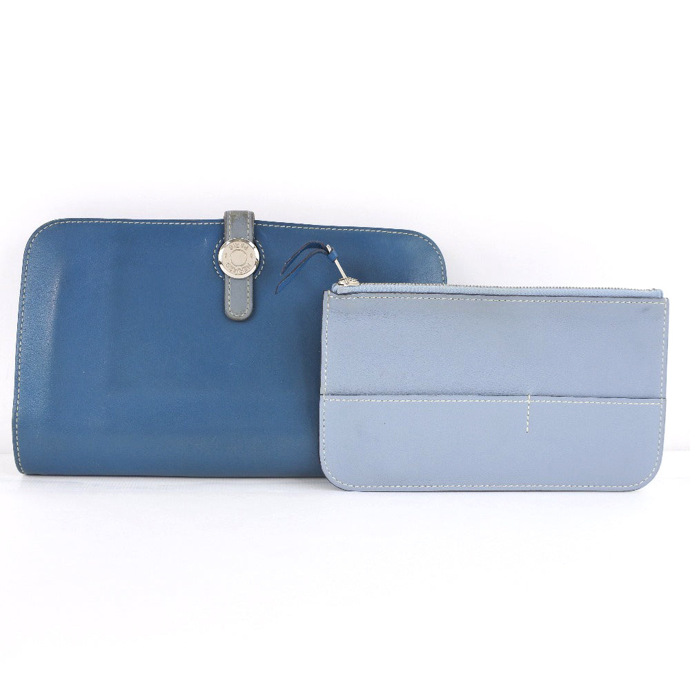 HERMES Long Wallet Purse Calfskin Blue Dogon unisex(Unisex) Used