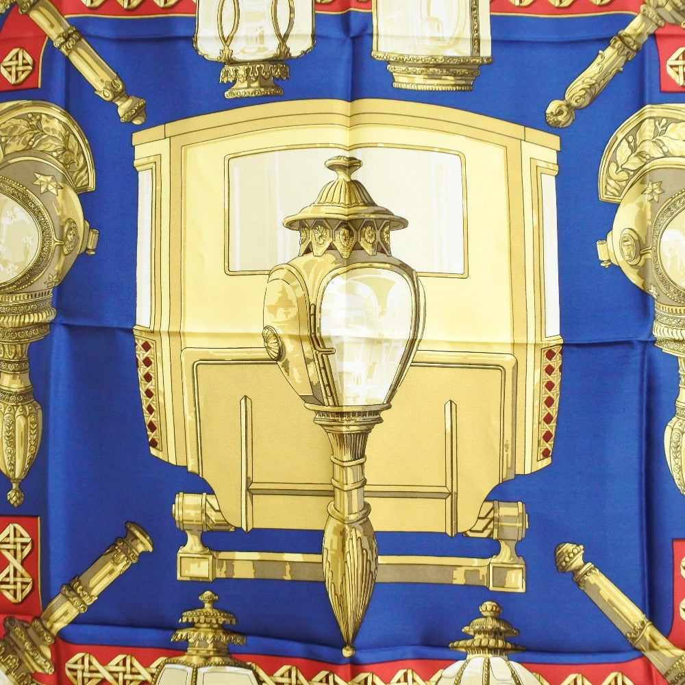 HERMES scarf silk Red / yellow / blue FEUX DE ROUTE Carre90 Women Used