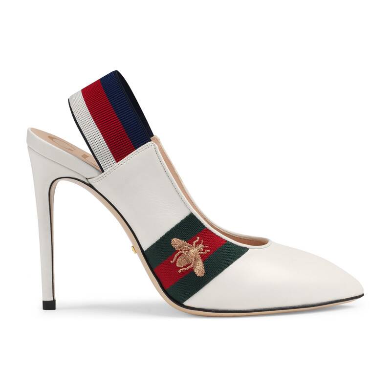 Gucci Sylvie Leather Slingback Pumps with Bee in White