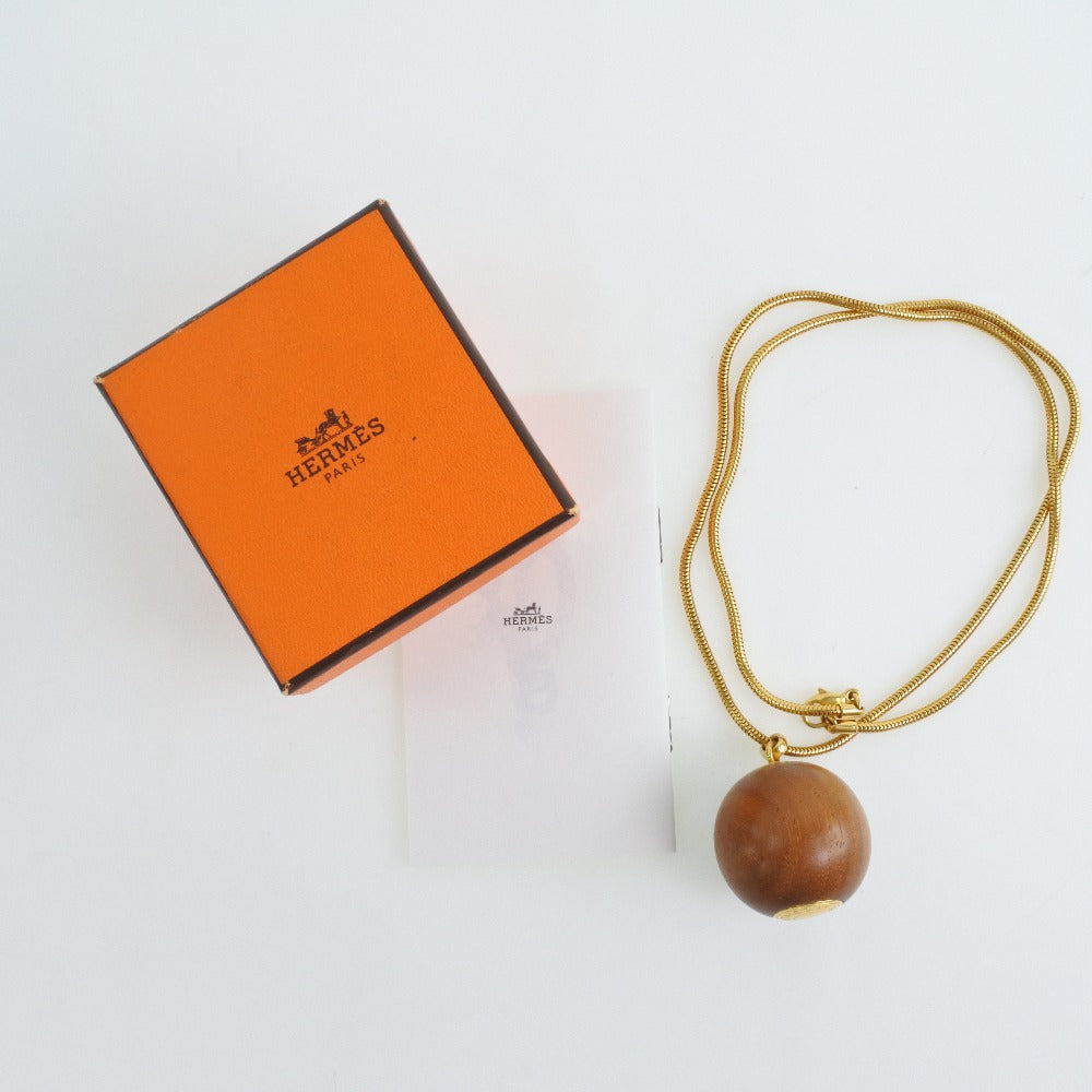 HERMES Necklace Plated Gold Brown / Gold Wood ball Women Used