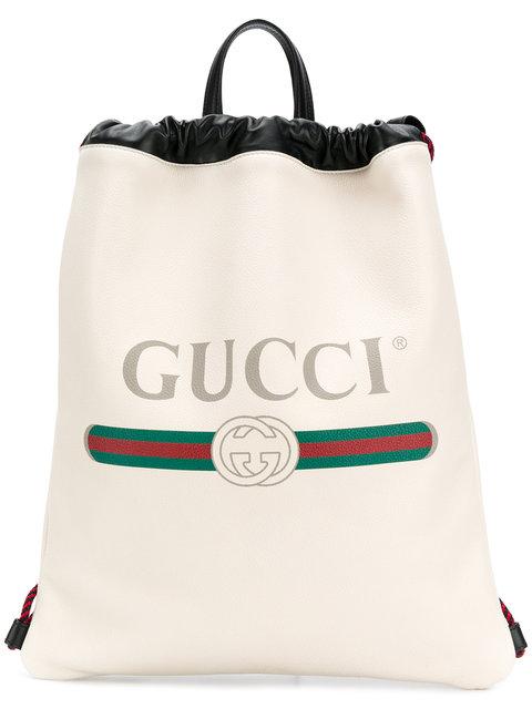 Gucci Logo-Print Drawstring Backpack in White