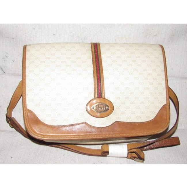 Gucci Vintage Purses Beige With Camel Small G Logo And Red Green Stripe Leather Coated