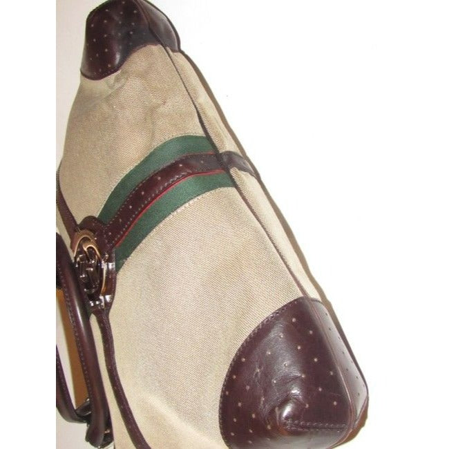 Gucci Britt Canvas And Two Strap Top Handle Equestrian Accents Brown Leather Hobo Bag