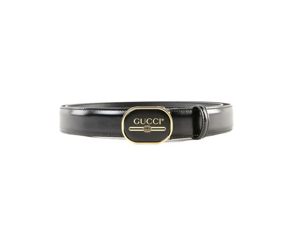 Gucci Leather Belt with Enamel Logo Buckle in Black