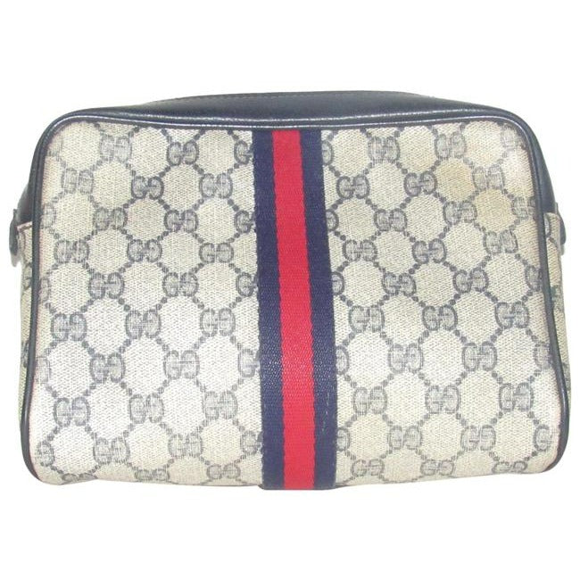 Gucci Vintage Navy Blue Large G Logo Print Coated Canvas And Navy Leather