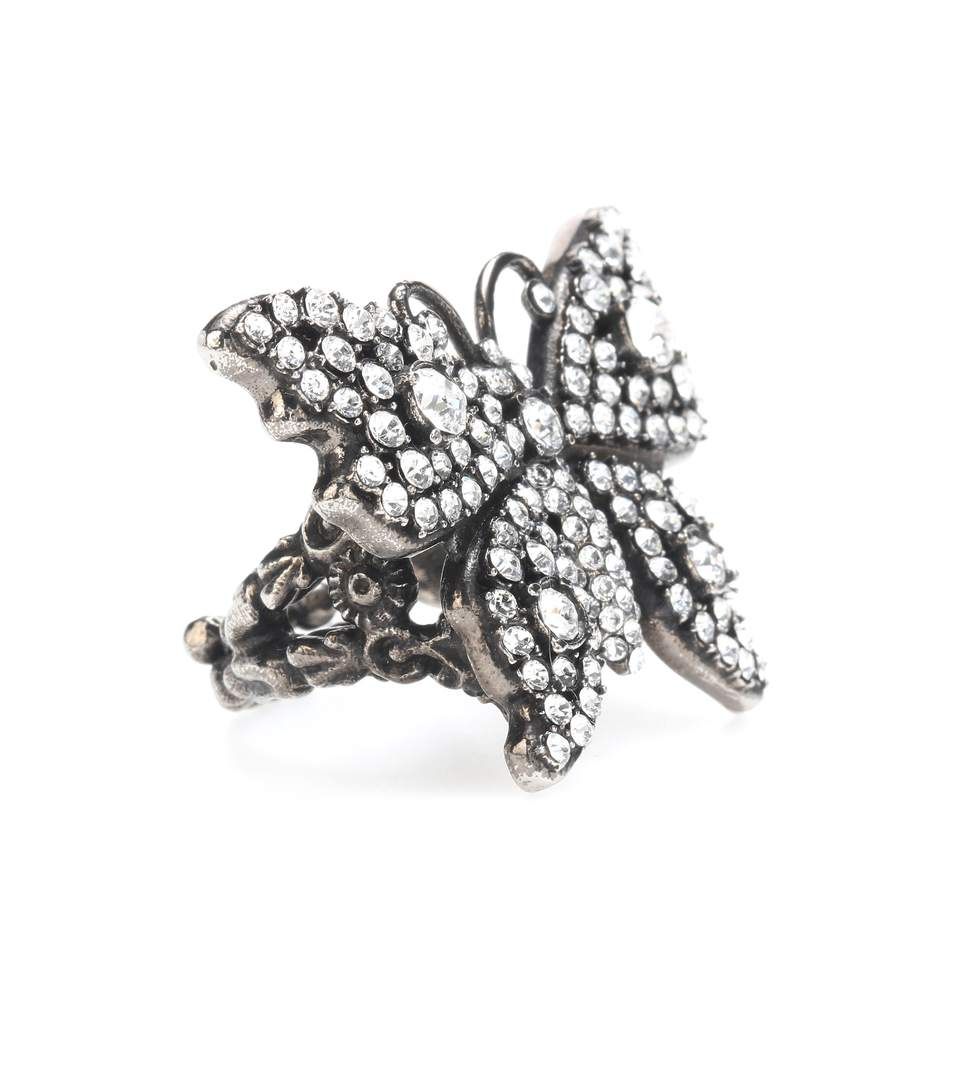 Gucci Crystal Embellished Butterfly Motif Ring in Silver