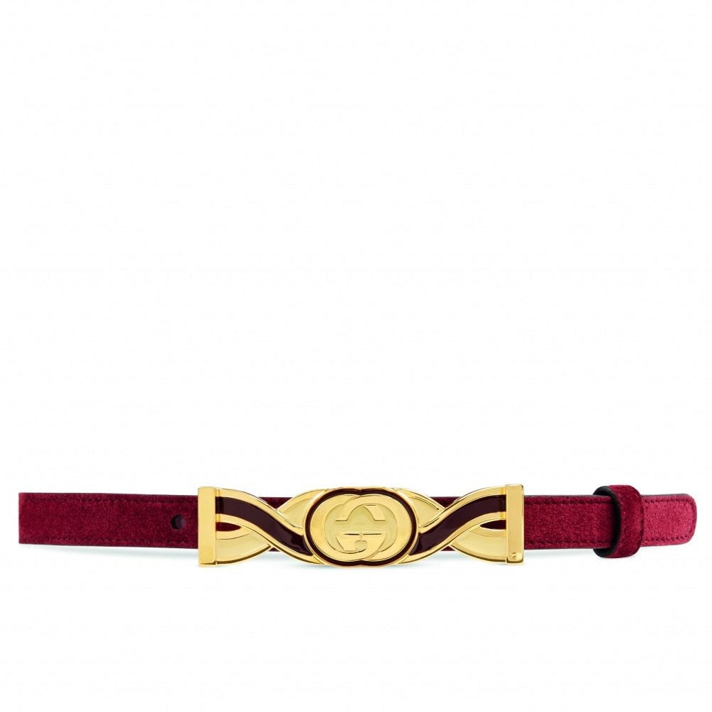 Gucci Interlocking-G Buckle Skinny Suede Belt in Burgundy