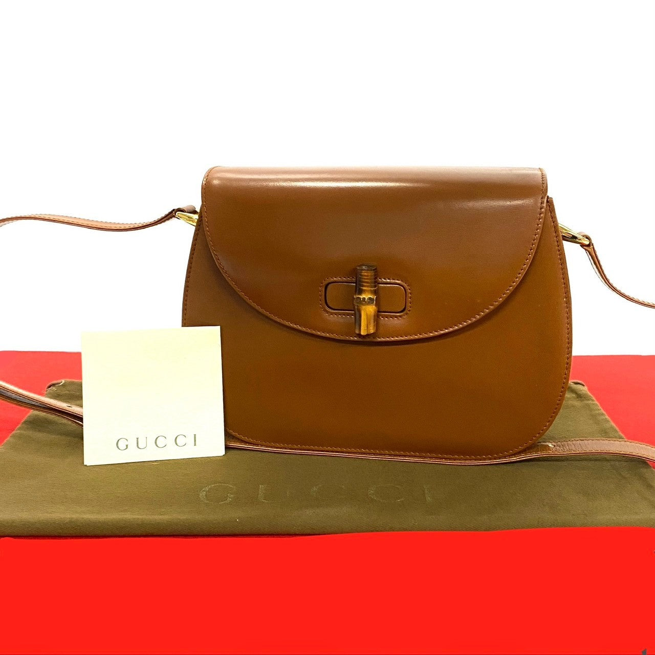 GUCCI Shoulder Bag leather Brown Bamboo