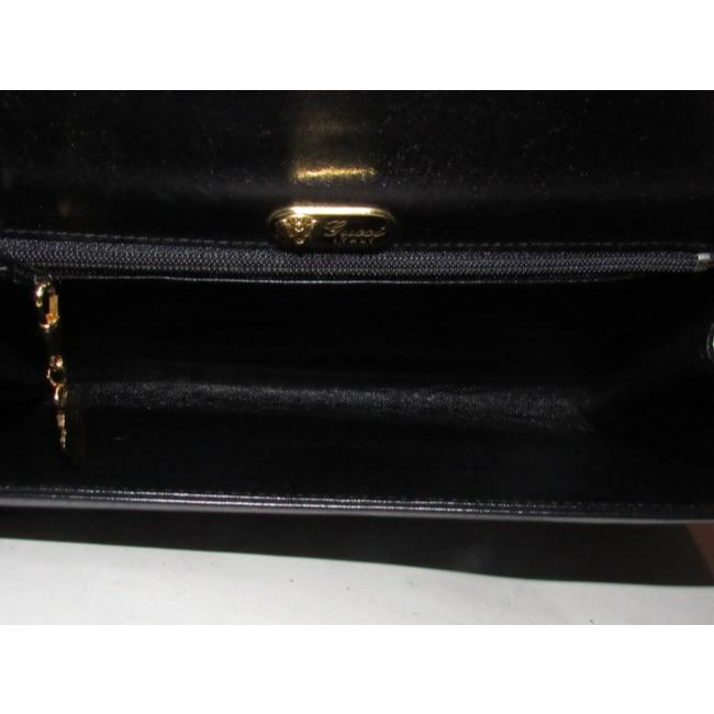 Gucci Vintage Pursesdesigner Purses Glossy Black Leather With Brown Leather Trim And Gold Equestrian