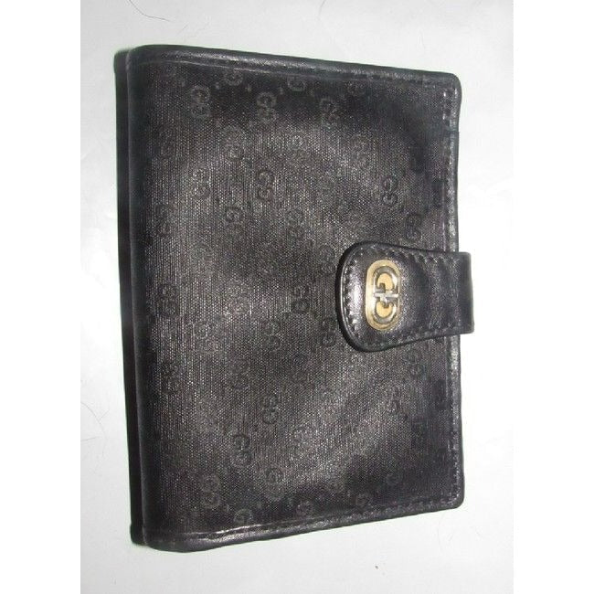 Gucci Black Small G Logo Print On Coated Canvas Black Leather Vintage Wallet