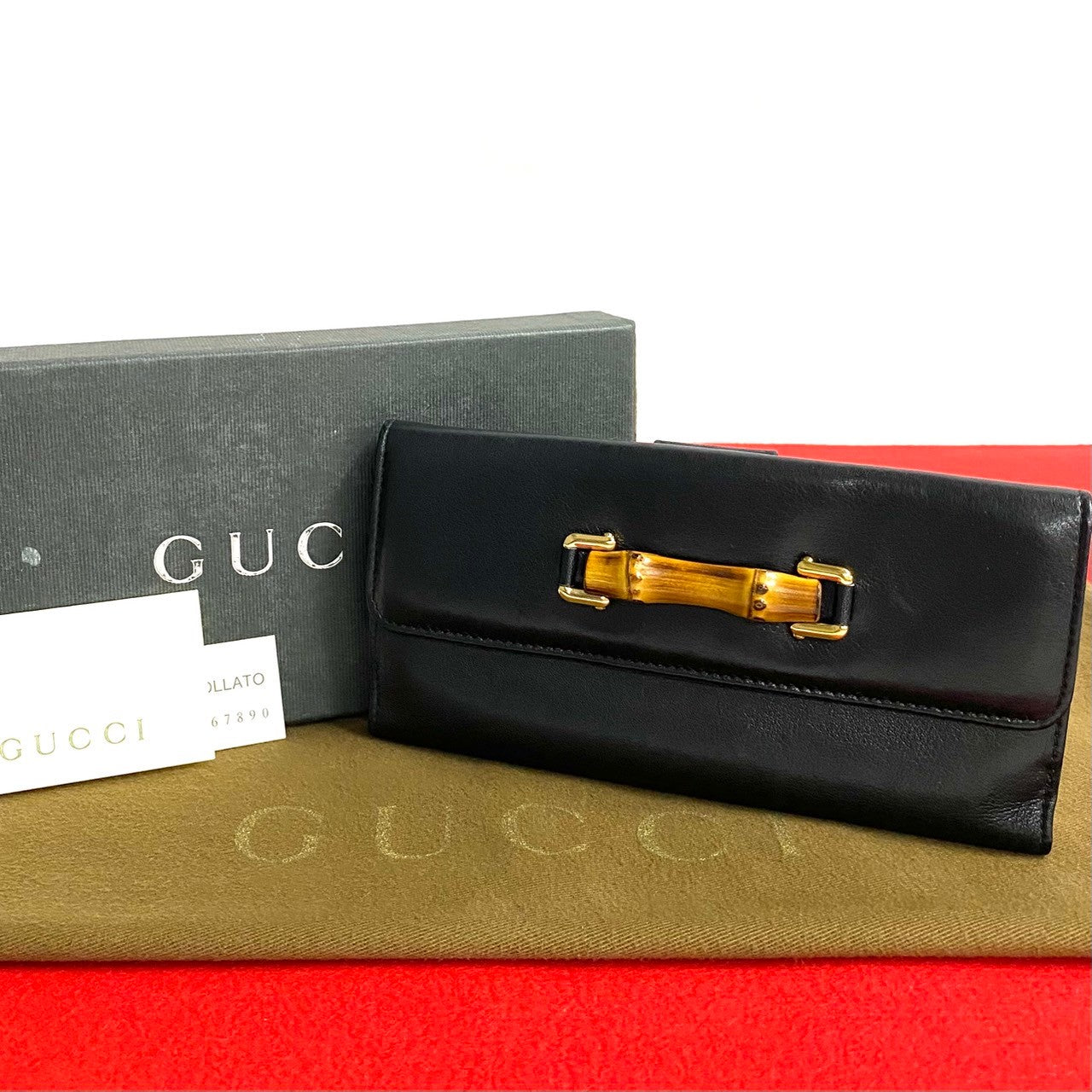 GUCCI Long Wallet Purse leather black Bamboo