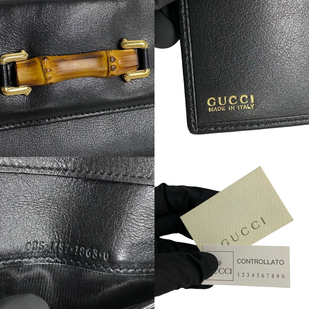 GUCCI Long Wallet Purse leather black Bamboo