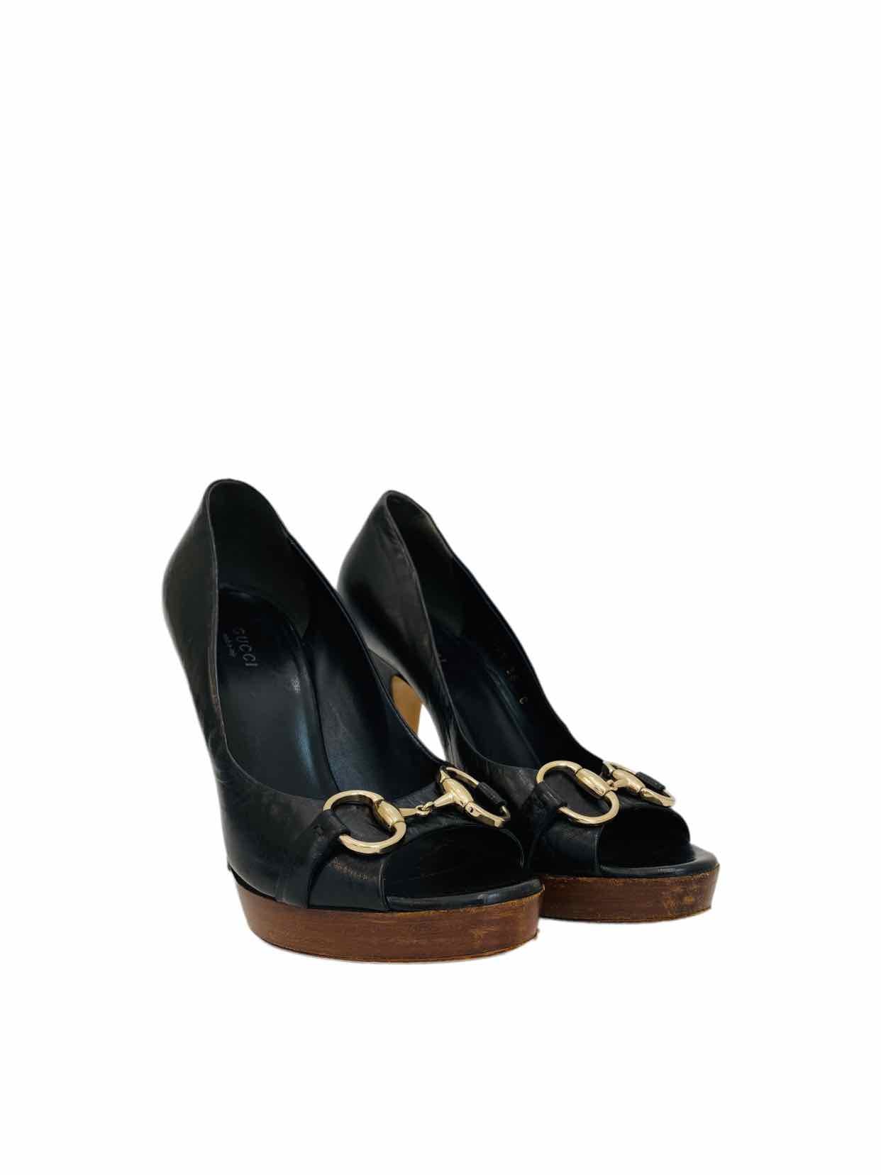 GUCCI Horsebit Black Open Toe Pumps