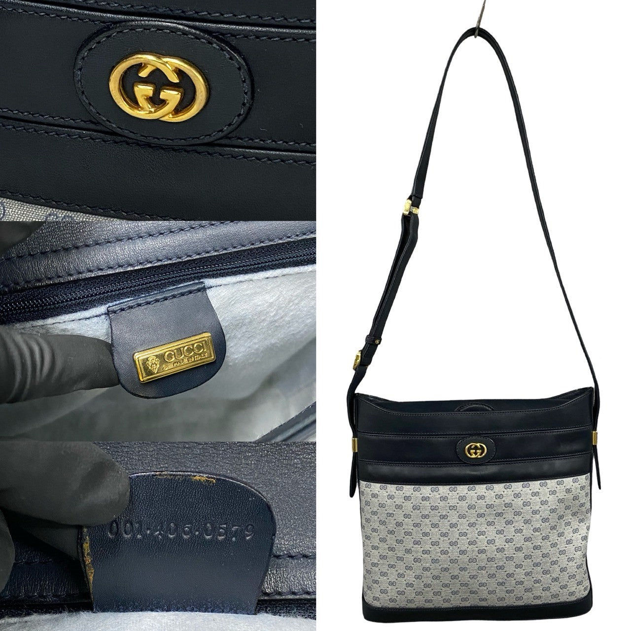 GUCCI Shoulder Bag Leather, PVC Navy Micro GG logo Metal Women Used