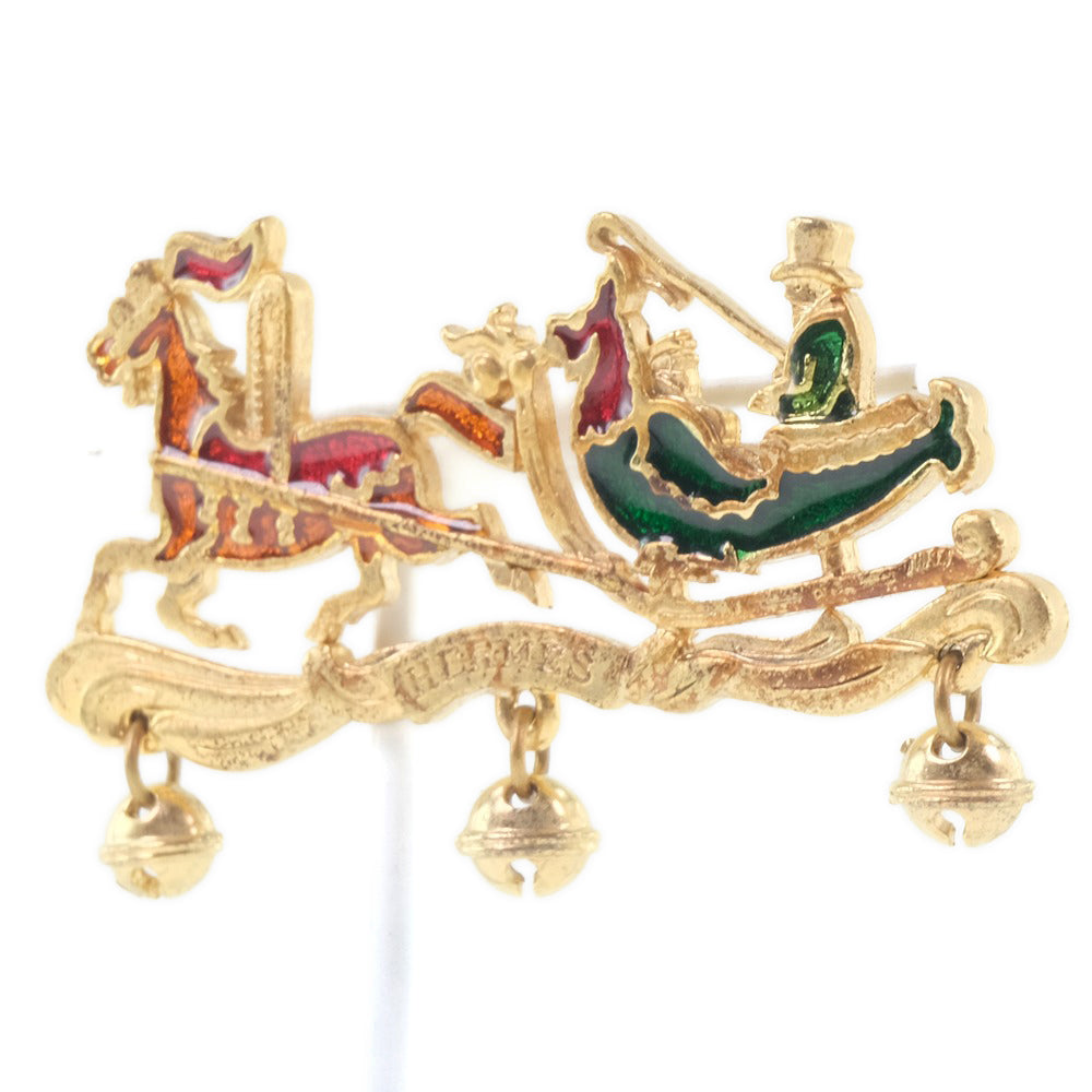 HERMES Brooch Plated Gold Red, Green, Orange Carriage Women Used