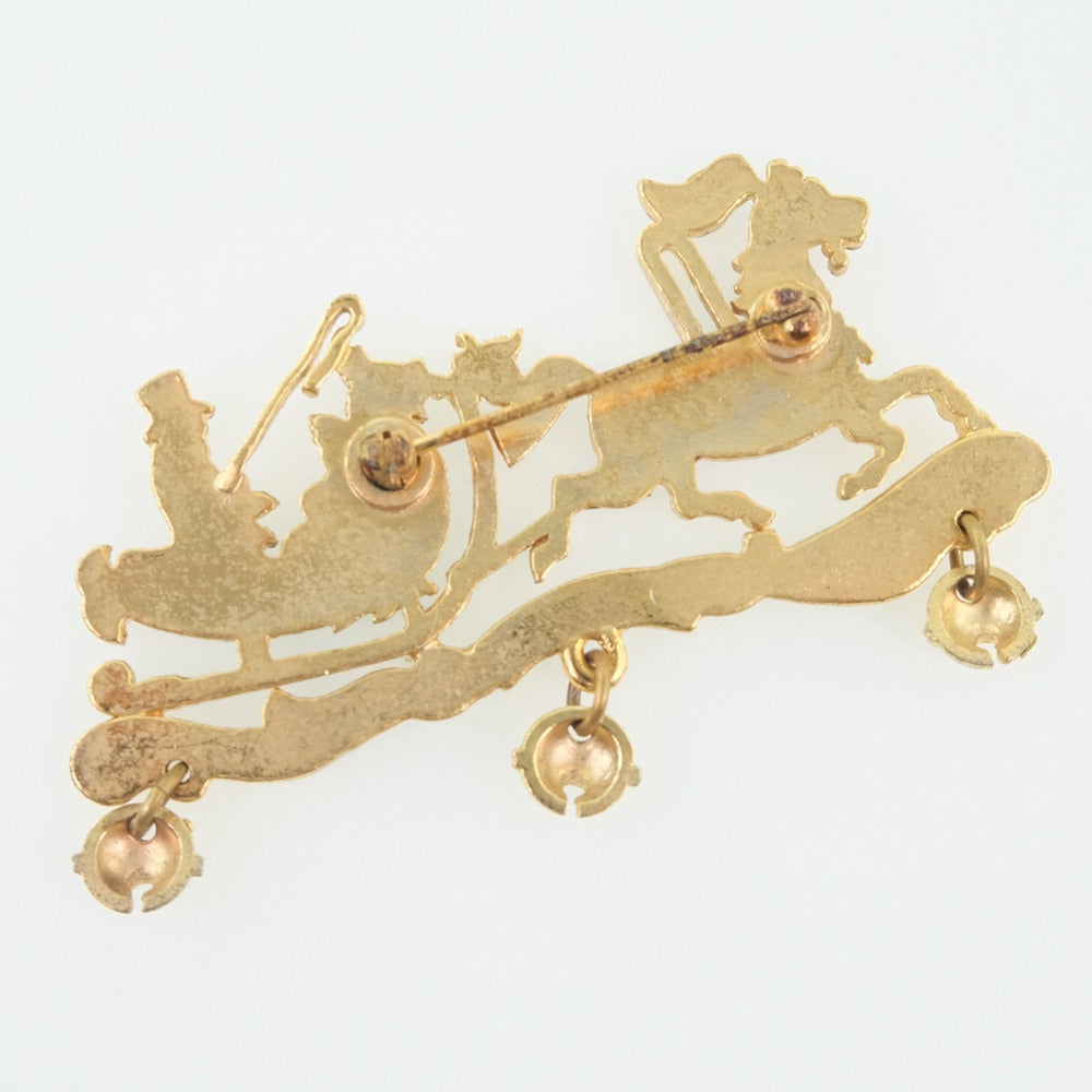 HERMES Brooch Plated Gold Red, Green, Orange Carriage Women Used