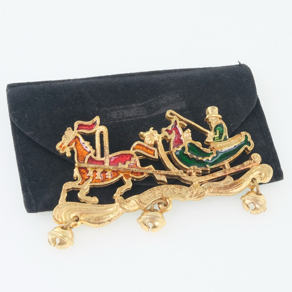 HERMES Brooch Plated Gold Red, Green, Orange Carriage Women Used